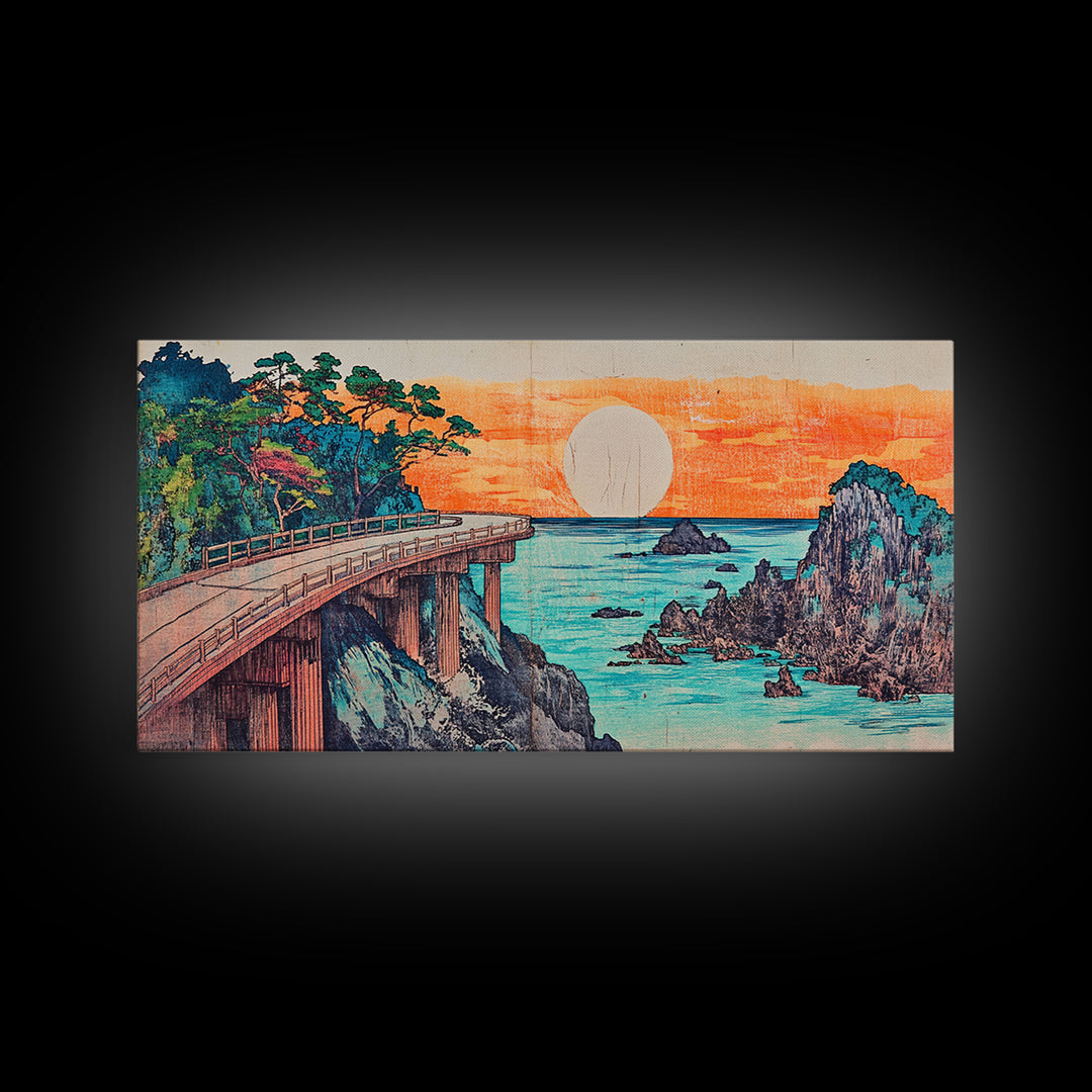 Retro Coastal Bridge Over Turquoise Sea Framed Canvas Print, Japanese Landscape Art, Beach House Decor, Large Wall Art, Art Print