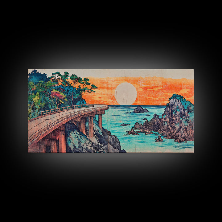 Retro Coastal Bridge Over Turquoise Sea Framed Canvas Print, Japanese Landscape Art, Beach House Decor, Large Wall Art, Art Print