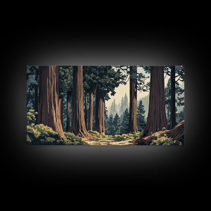 Towering Redwood Forest Trail With Tall Trees Wall Art, Nature Landscape Print, Rustic Cabin Decor, Office Wall Decor, Large Wall Art