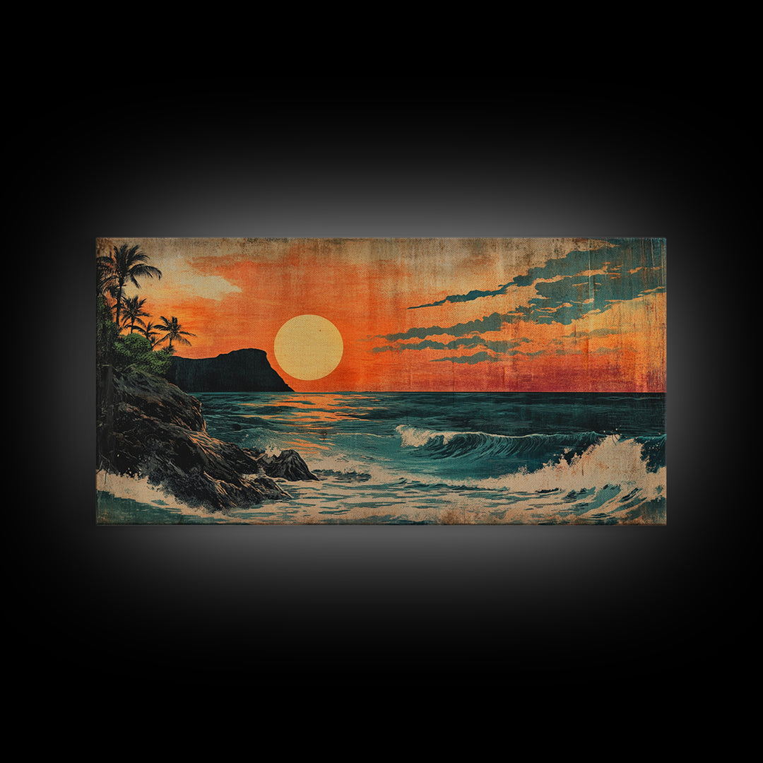 Tropical Island Sunset With Orange Sky And Waves Framed Canvas Print, Coastal Wall Art, Beach House Decor, Ocean Art, Living Room Decor