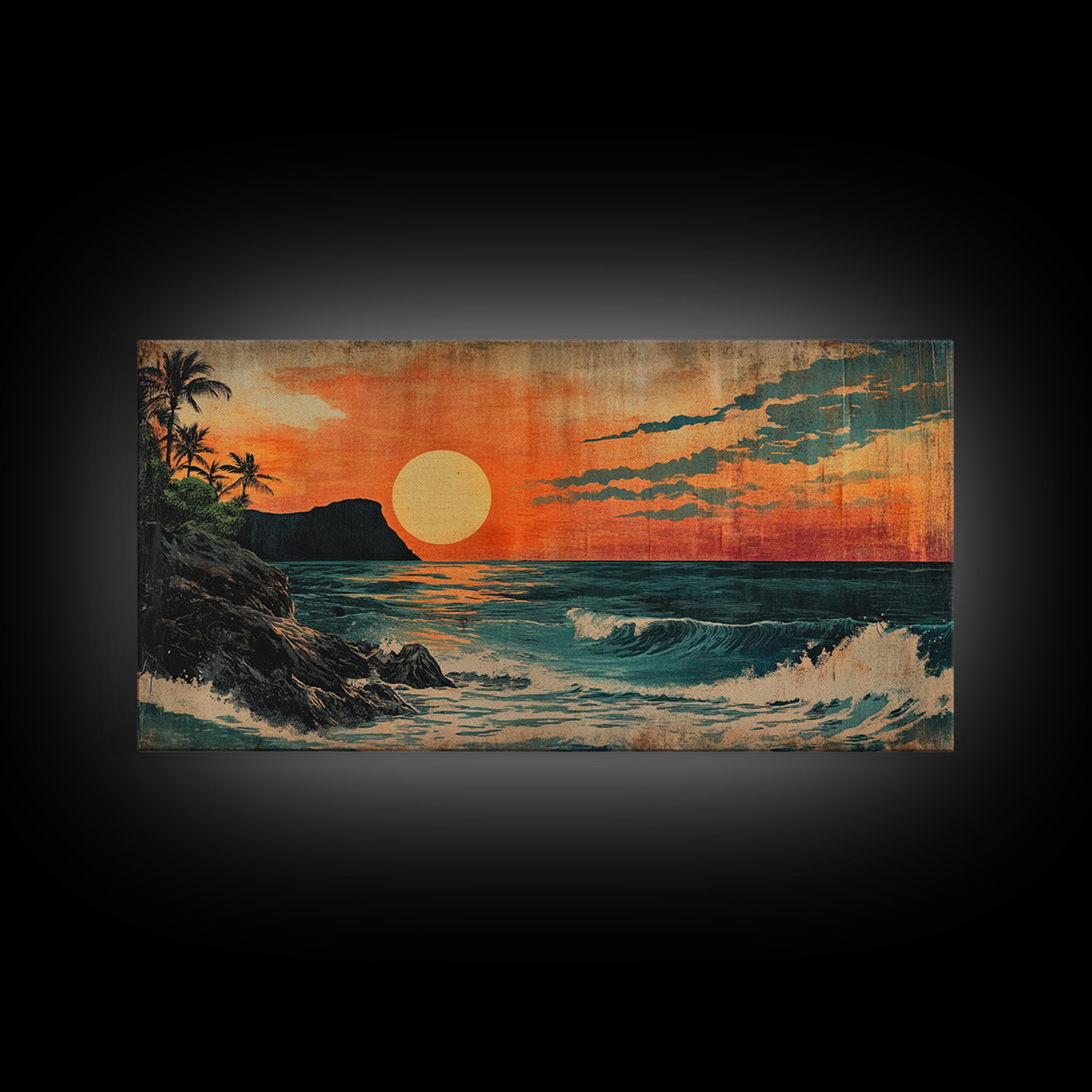 Tropical Island Sunset With Orange Sky And Waves Framed Canvas Print, Coastal Wall Art, Beach House Decor, Ocean Art, Living Room Decor