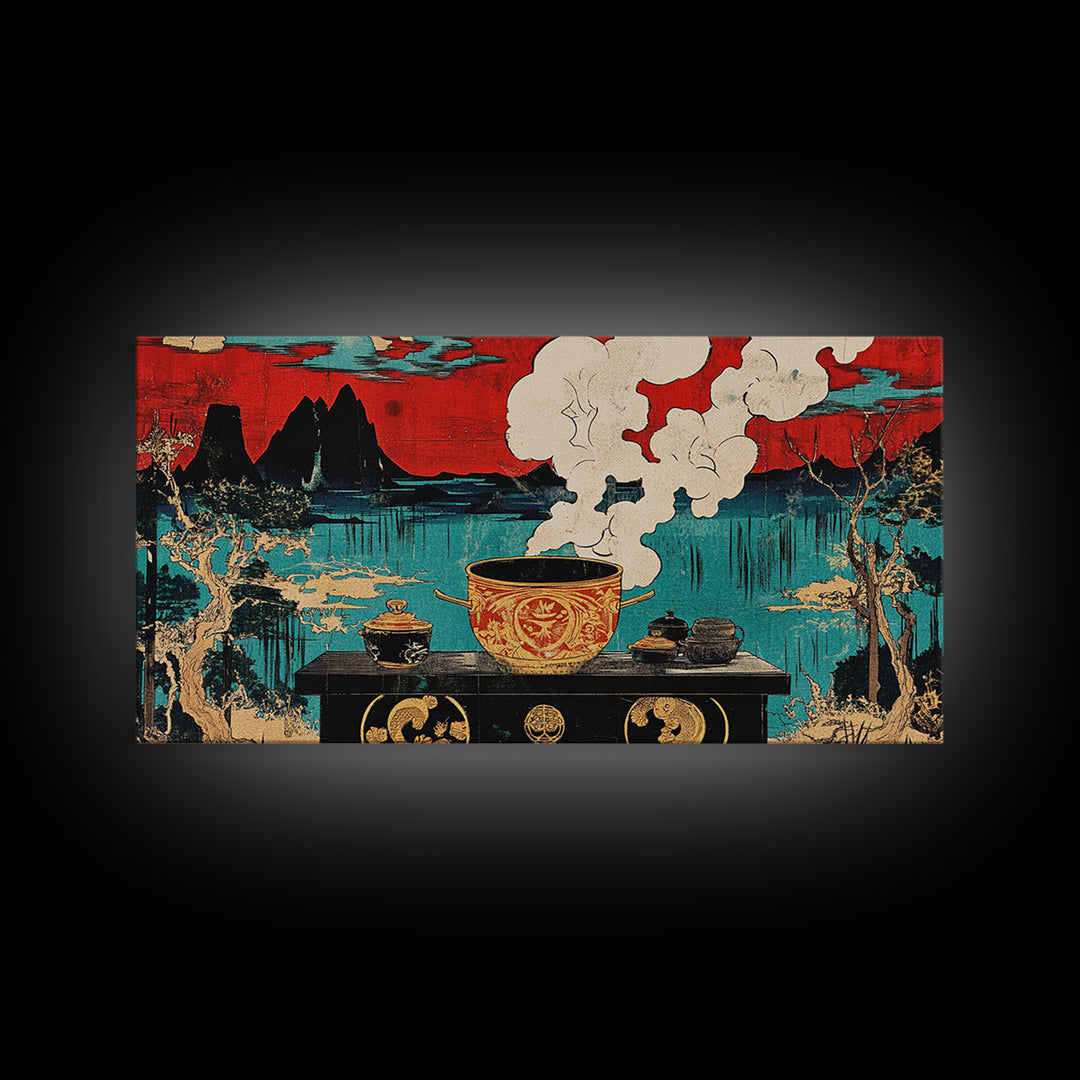 Steaming Tea Pot Before Asian Lake And Red Sky Canvas Print, Japanese Kitchen Wall Art, Zen Dining Room Decor, Tea Lover Gift