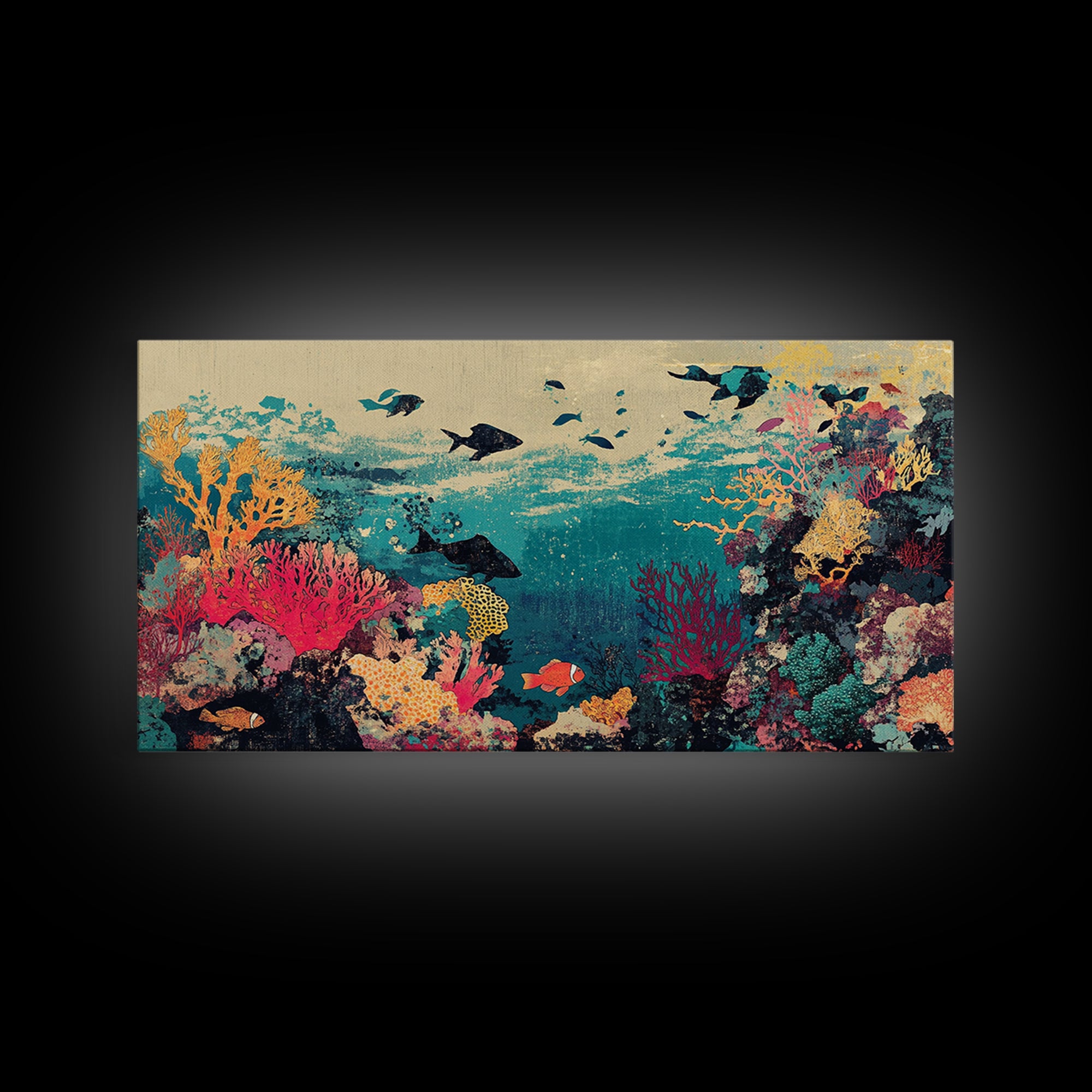 Vibrant Coral Reef Fish And Sharks Wall Art, Coastal Ocean Canvas Decor, Tropical Sea Life Print, Beach House Gift, Living Room Decor
