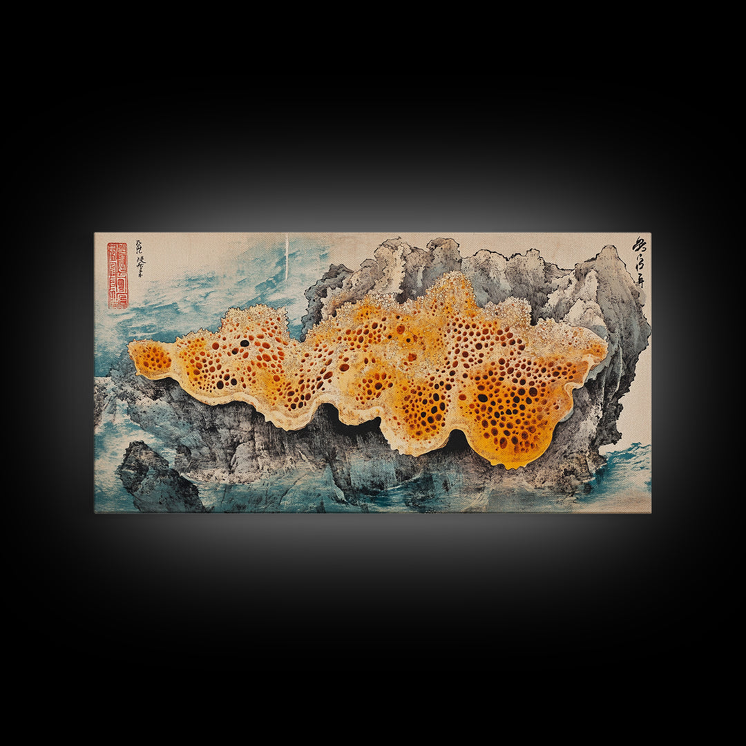 Orange Sea Sponge On Rock Wall Art, Japanese Coastal Print, Ocean Life Decor, Textured Marine Canvas, Beach House Gift, Wall Decor