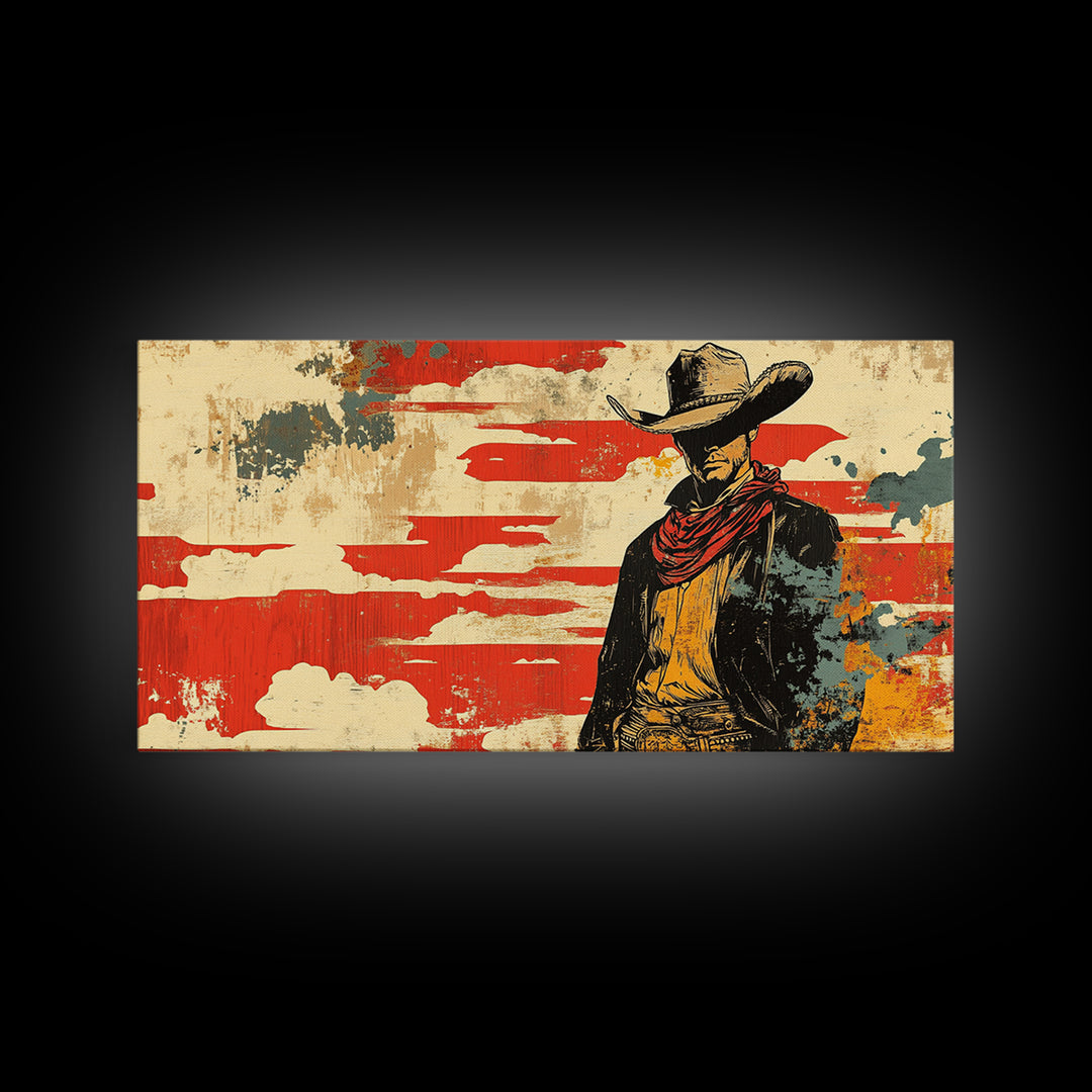 Lone Cowboy Under Red Sky Wall Art, Western Canvas Print, Rustic Ranch Decor, Masculine Office Art, Gift For Him, Cowboy Wall Decor