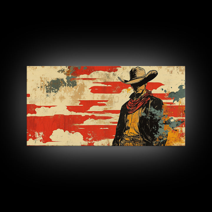 Lone Cowboy Under Red Sky Wall Art, Western Canvas Print, Rustic Ranch Decor, Masculine Office Art, Gift For Him, Cowboy Wall Decor