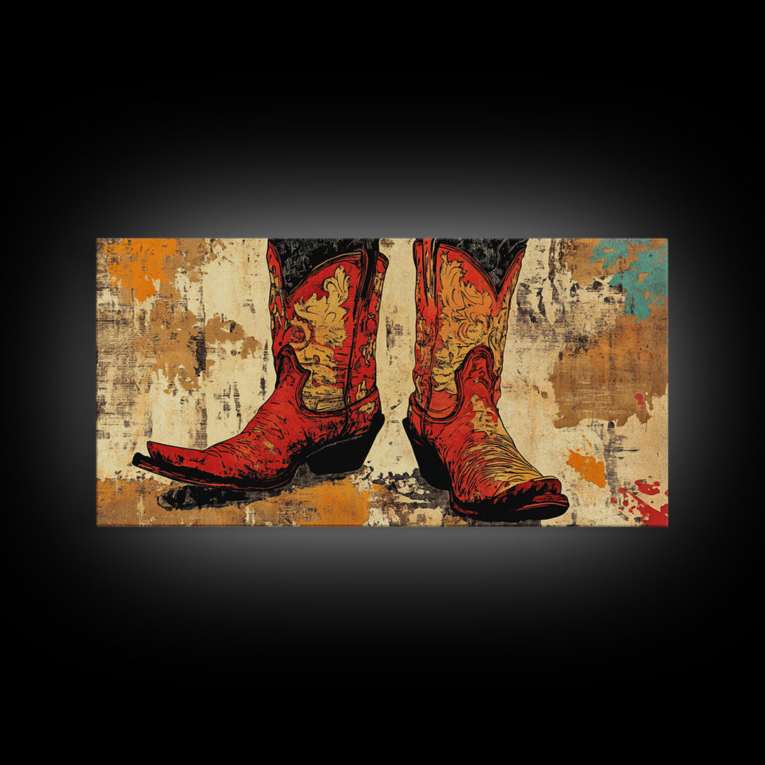 Red Embroidered Cowboy Boots Wall Art, Western Canvas Print, Cowgirl Decor, Rustic Farmhouse Gift, Statement Western Decor
