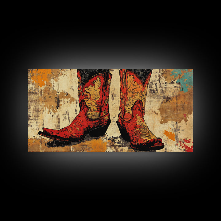Red Embroidered Cowboy Boots Wall Art, Western Canvas Print, Cowgirl Decor, Rustic Farmhouse Gift, Statement Western Decor