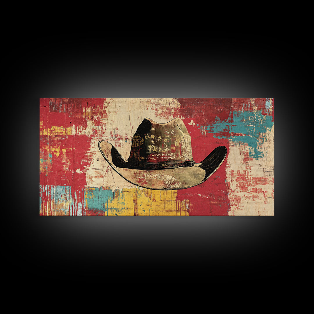 Distressed Cowboy Hat On Red Turquoise Wall Art, Western Canvas Print, Rustic Ranch Decor, Man Cave Gift, Modern Decor Print