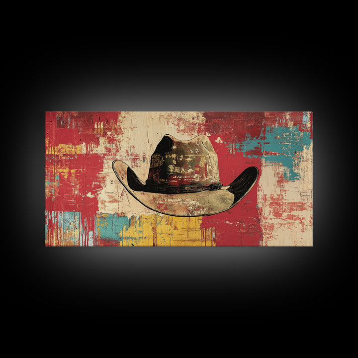 Distressed Cowboy Hat On Red Turquoise Wall Art, Western Canvas Print, Rustic Ranch Decor, Man Cave Gift, Modern Decor Print