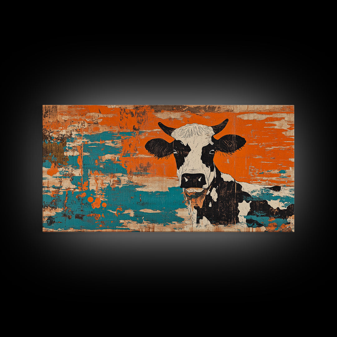 Black And White Cow On Orange Teal Rustic Canvas Print, Farmhouse Wall Art, Kitchen Decor, Country Home Decor Gift For Farmhouse Style