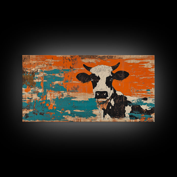 Black And White Cow On Orange Teal Rustic Canvas Print, Farmhouse Wall Art, Kitchen Decor, Country Home Decor Gift For Farmhouse Style