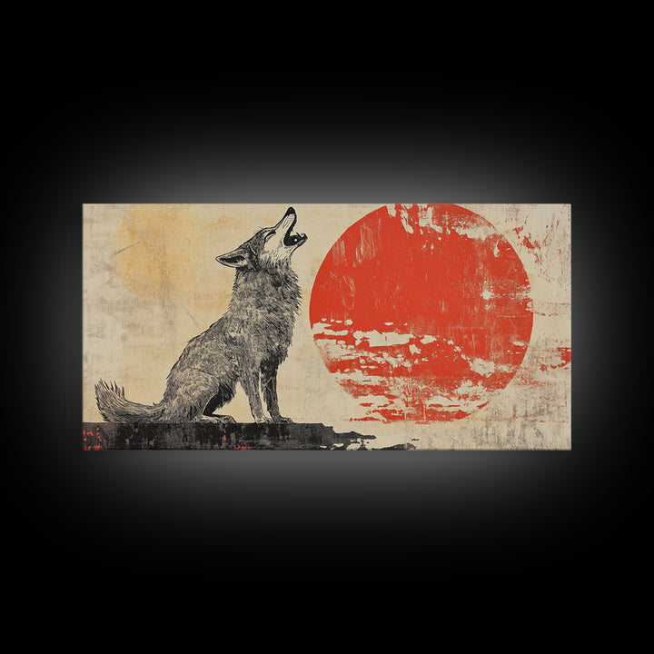 Howling Wolf With Red Sun Framed Canvas Print, Rustic Wildlife Wall Art, Southwestern Decor, Nature Gift For Him, Cabin Home Decor