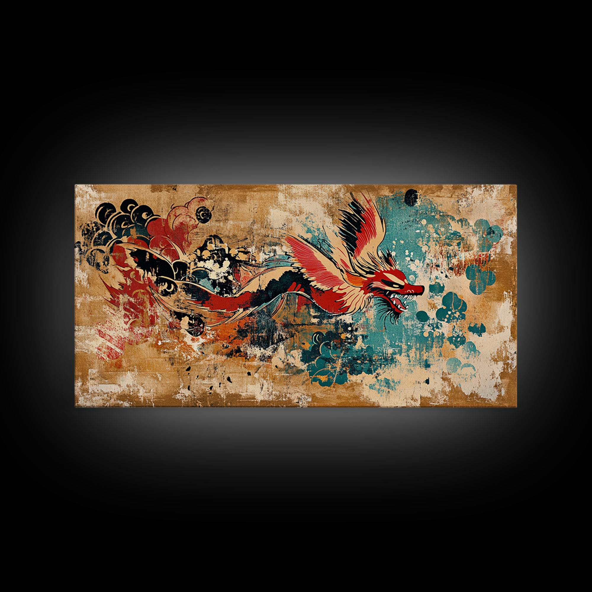 Red Asian Dragon With Teal Grunge Wall Art, Japanese Canvas Print, Fantasy Decor, Vibrant Statement Artwork Gift For Him