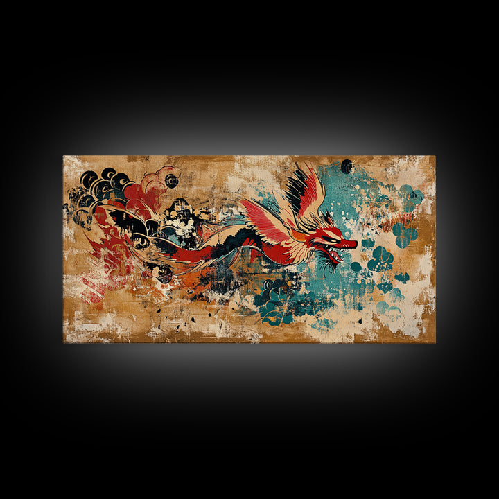 Red Asian Dragon With Teal Grunge Wall Art, Japanese Canvas Print, Fantasy Decor, Vibrant Statement Artwork Gift For Him