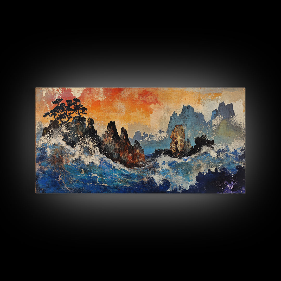 Crashing Blue Waves And Misty Mountains Canvas Print, Asian Landscape Wall Art, Modern Coastal Decor, Living Room Art Print