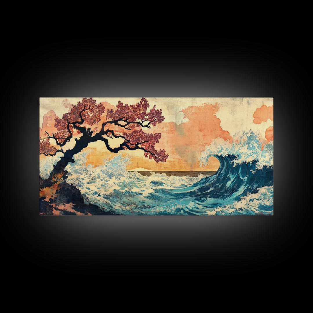 Cherry Blossom Tree And Blue Wave Framed Canvas Print, Japanese Wall Art, Coastal Decor, Serene Bedroom Wall Decor Gifts