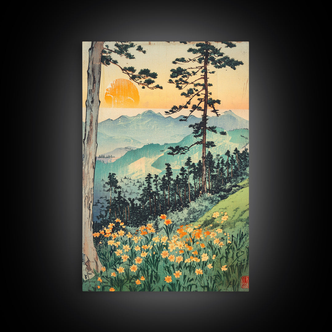 Orange Sun Mountain Forest With Wildflowers Wall Art, Japanese Woodblock Landscape Print, Nature Decor, Living Room Art Print