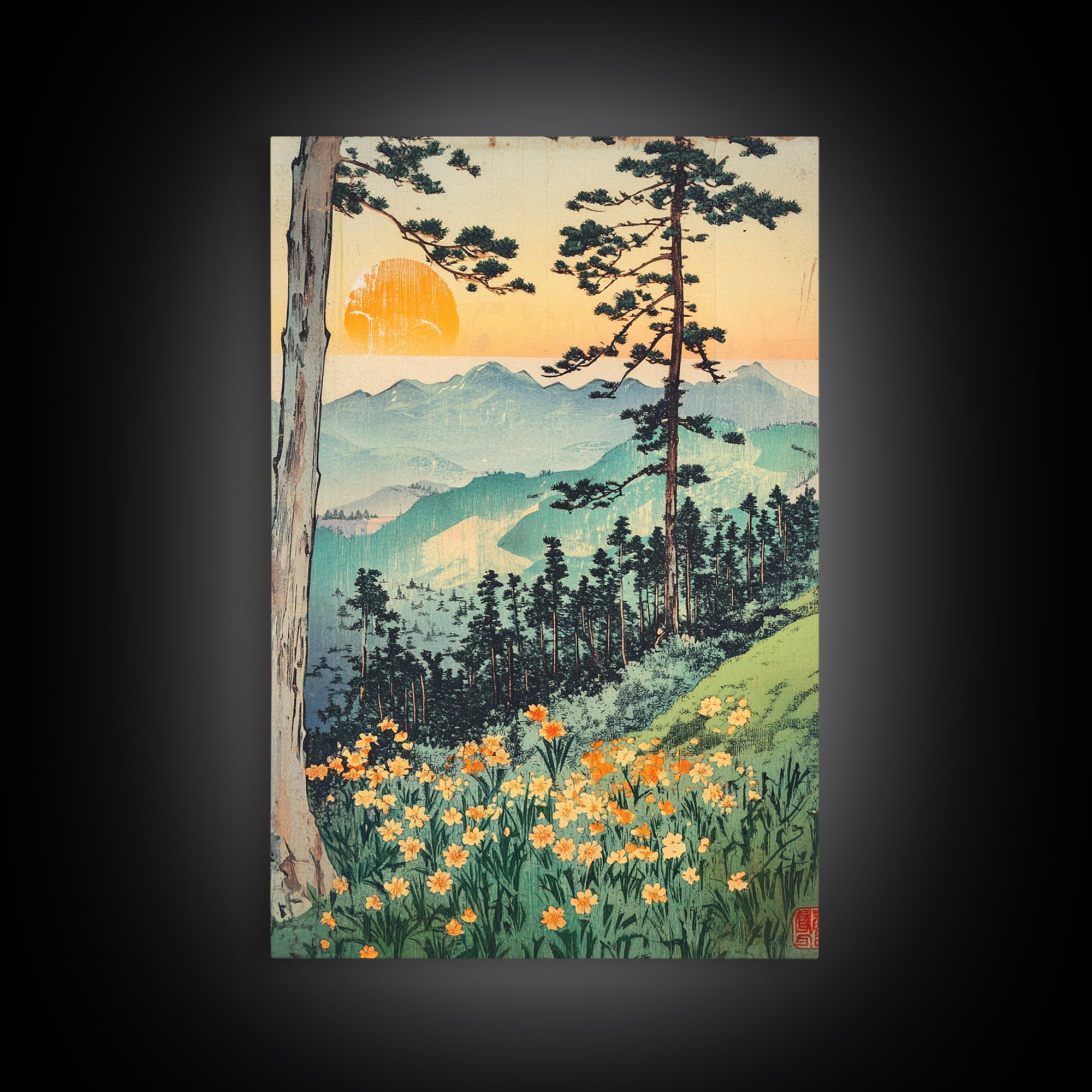 Orange Sun Mountain Forest With Wildflowers Wall Art, Japanese Woodblock Landscape Print, Nature Decor, Living Room Art Print
