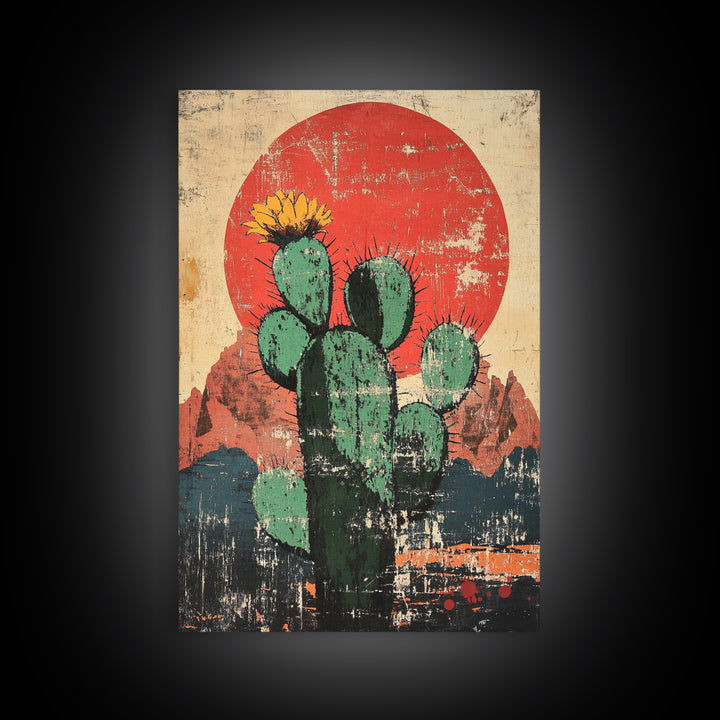 Blooming Prickly Pear Cactus At Red Sun Canvas Print, Southwestern Desert Wall Decor, Boho Western Home Decor, Arizona Art, Rustic Decor