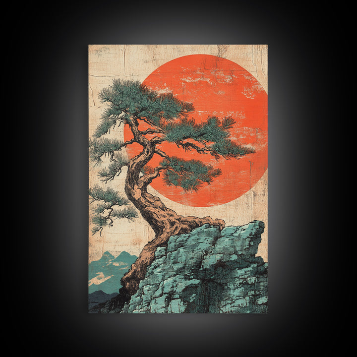 Twisted Pine Tree On Cliff With Red Sun Framed Canvas Print, Japanese Wall Art, Japandi Decor, Zen Landscape Art, Nature Home Decor