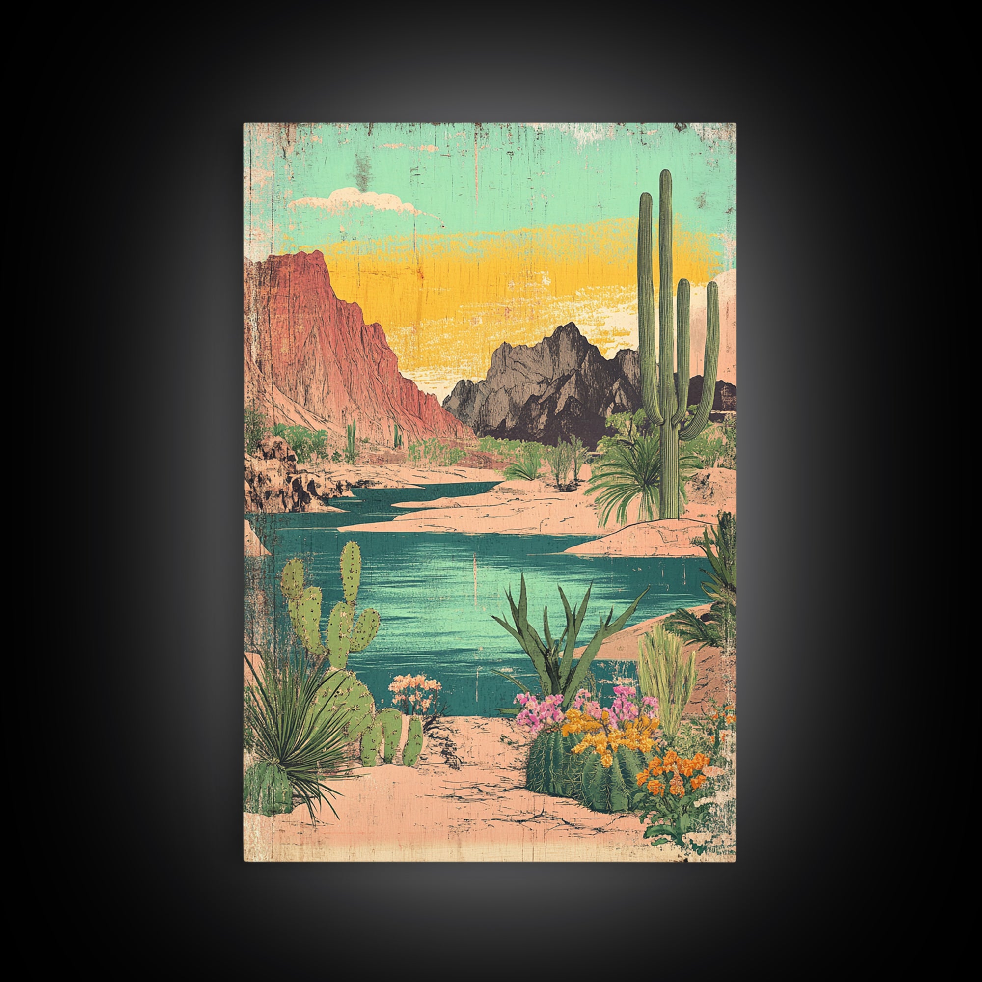 Turquoise Desert River Canyon With Saguaro Cactus Wall Art, Southwestern Landscape Print, Arizona Home Decor, Boho Decor