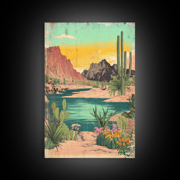 Turquoise Desert River Canyon With Saguaro Cactus Wall Art, Southwestern Landscape Print, Arizona Home Decor, Boho Decor