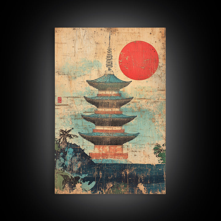 Japanese Pagoda Temple With Red Sun Framed Canvas Print, Asian Wall Art, Japandi Home Decor, Meditation Room Decor, Zen Wall Decor