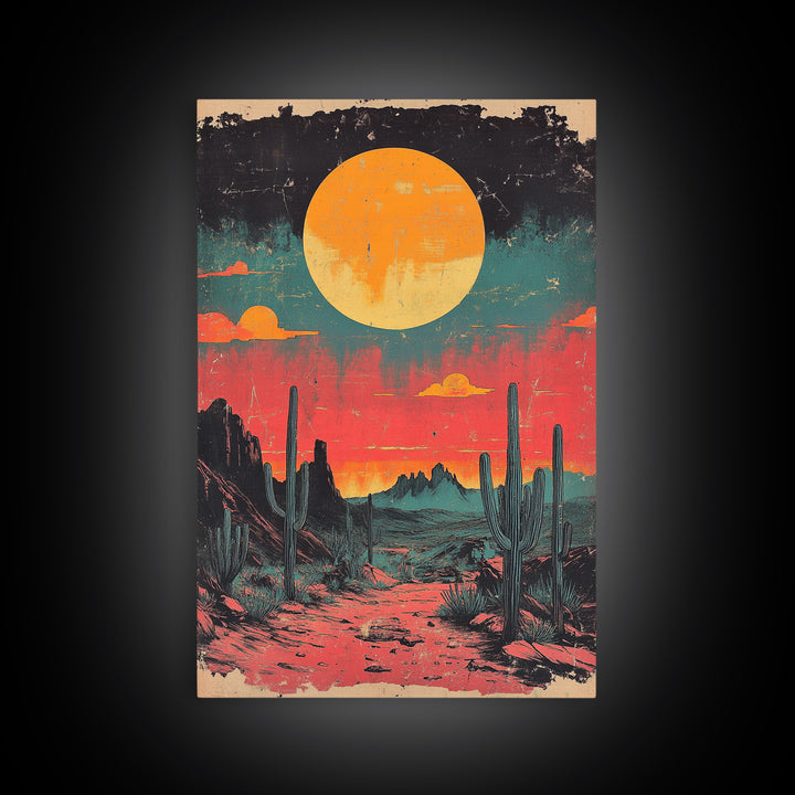 Neon Desert Sunset With Saguaro Cacti Canvas Print, Southwestern Wall Art, Retro Western Decor, Colorful Living Room Art