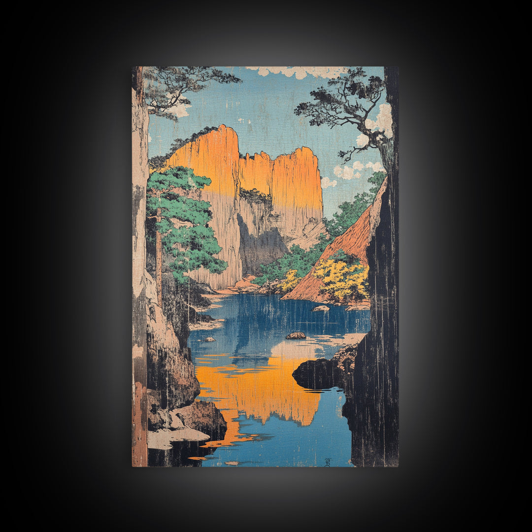 Golden Canyon River Reflection Landscape Wall Art, Japanese Woodblock Style Print, Nature Decor, Large Living Room Art Print