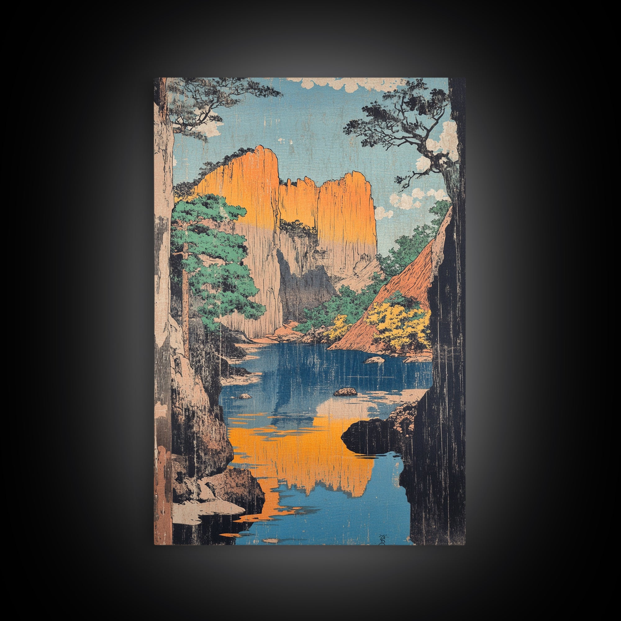 Golden Canyon River Reflection Landscape Wall Art, Japanese Woodblock Style Print, Nature Decor, Large Living Room Art Print