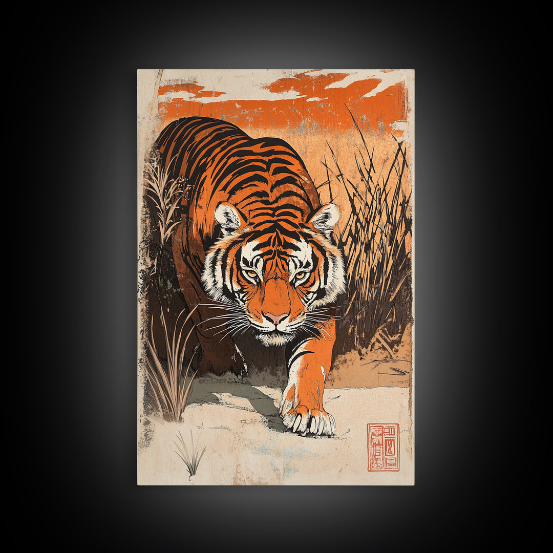 Prowling Tiger In Tall Grass Canvas Print, Wildlife Wall Art, Safari Animal Decor, Bold Jungle Home Decor, Gift For Him, Large Art