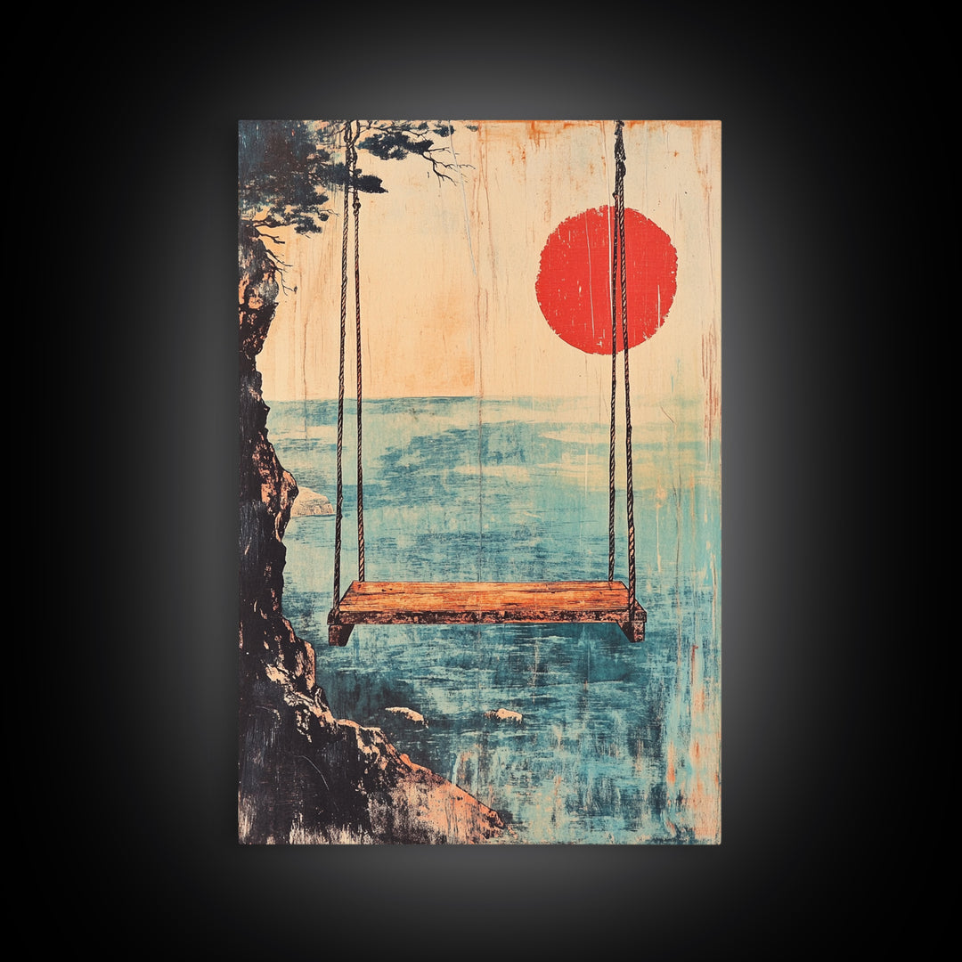 Minimal Japanese Ocean Swing Wall Art, Red Sun Coastal Print, Japandi Wall Decor, Beach House Decor, Calming Canvas Print