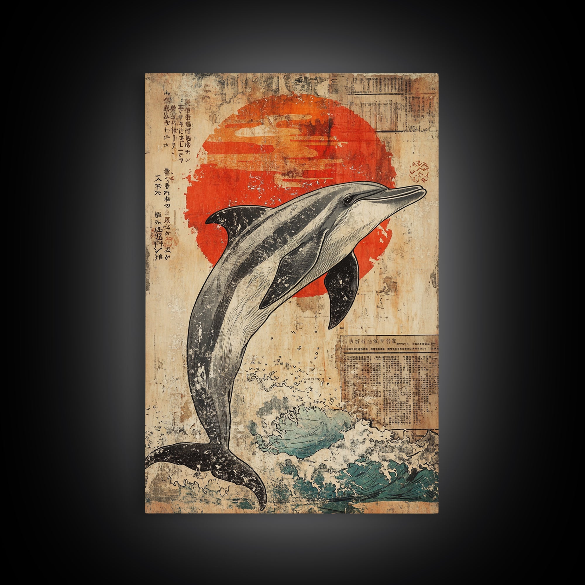 Leaping Dolphin Red Sun Wall Art, Japanese Ocean Print, Nautical Coastal Decor, Sea Life Artwork, Bathroom Canvas Print Gift