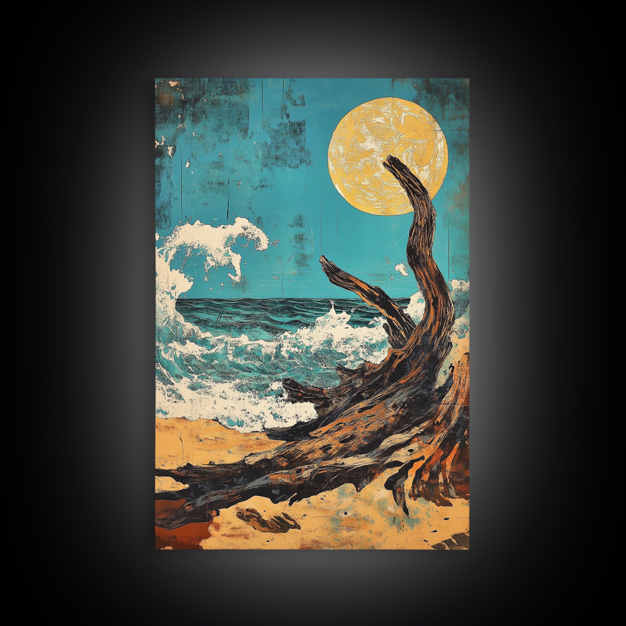 Driftwood Moonlit Ocean Waves Canvas Print, Japanese Coastal Wall Decor, Beach House Art, Teal Nautical Living Room Decor