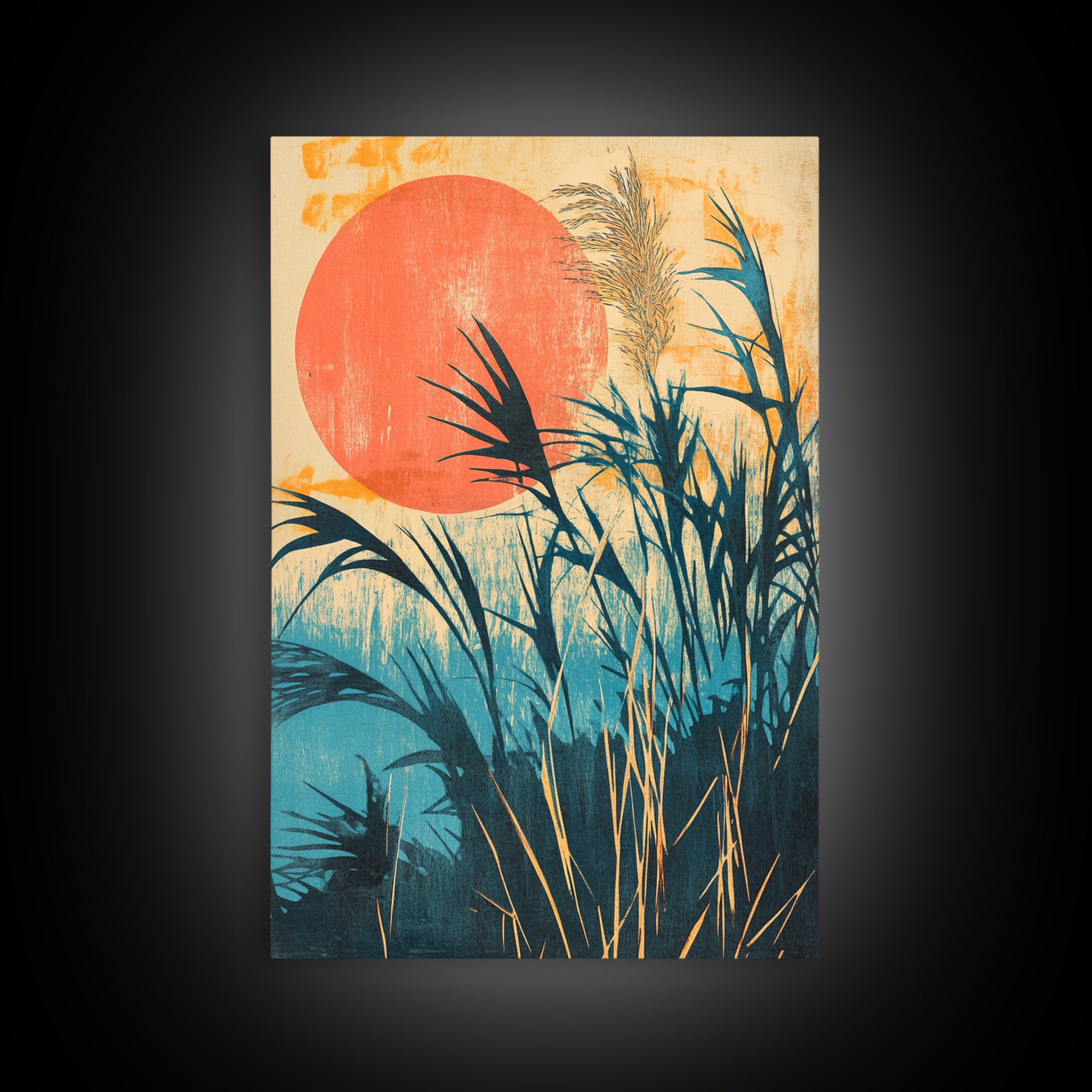 Tropical Reeds Orange Sun Canvas Print, Boho Coastal Wall Decor, Botanical Nature Art For Bedroom And Living Room Decor Gift