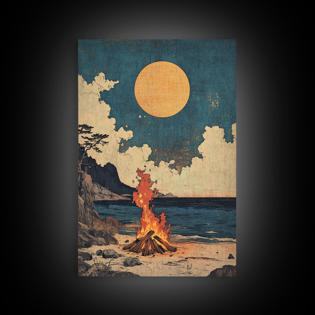 Beach Bonfire Full Moon Framed Canvas Print, Coastal Seascape Wall Art, Rustic Cabin Decor, Nautical Living Room Print Gift