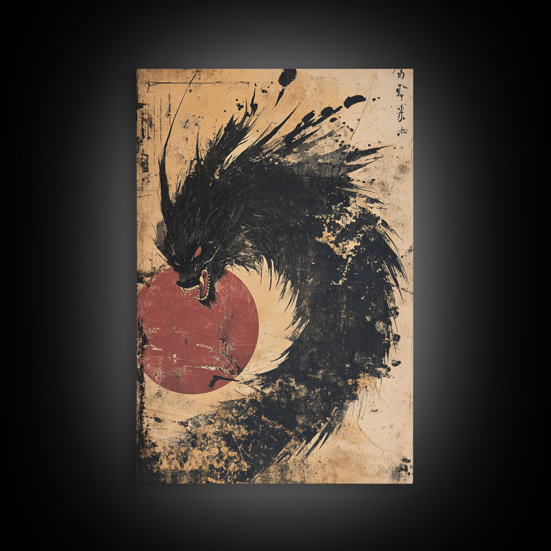 Black Ink Dragon Red Sun Canvas Print, Dark Japanese Wall Art, Fantasy Gothic Decor, Samurai Inspired Statement Artwork Print
