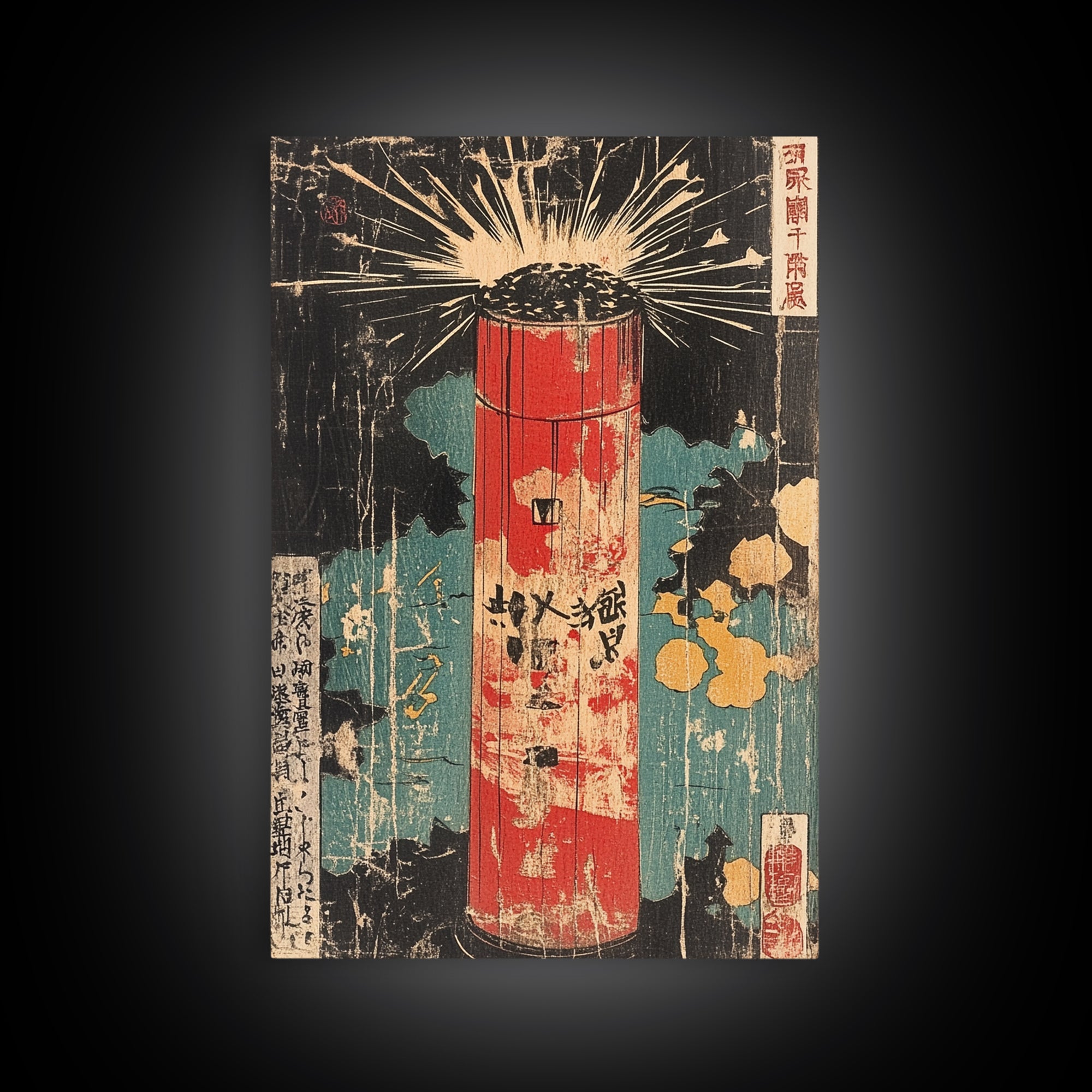 Red Firework Lantern Framed Canvas Print, Retro Japanese Wall Art, Festival Poster, Bold Asian Decor For Game Room And Office Decor