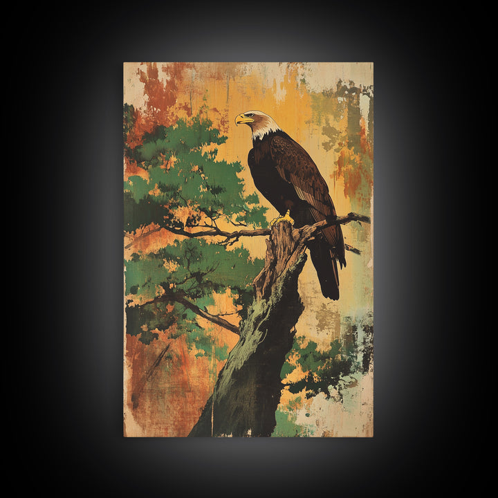 Bald Eagle On Pine Branch Canvas Print, Wildlife Wall Art, Rustic Nature Decor, Cabin Office Art, Gift For Bird Lovers Home Decor