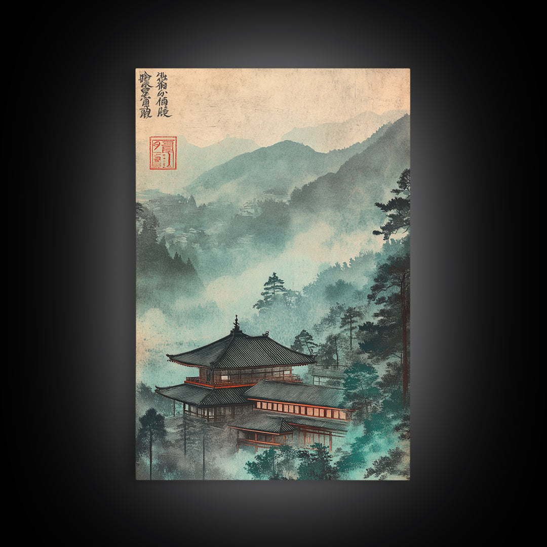 Misty Japanese Temple In Teal Mountains Wall Art, Asian Landscape Print, Japandi Decor, Zen Home Decor, Living Room Wall Art