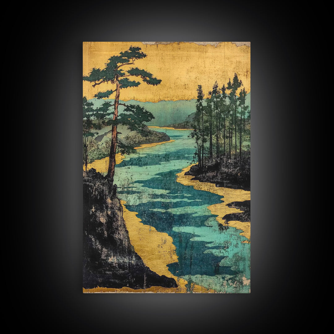 Gold River And Pine Forest Canvas Print, Japanese Landscape Art, Asian Wall Decor, Japandi Style Art, Serene Living Room Decor