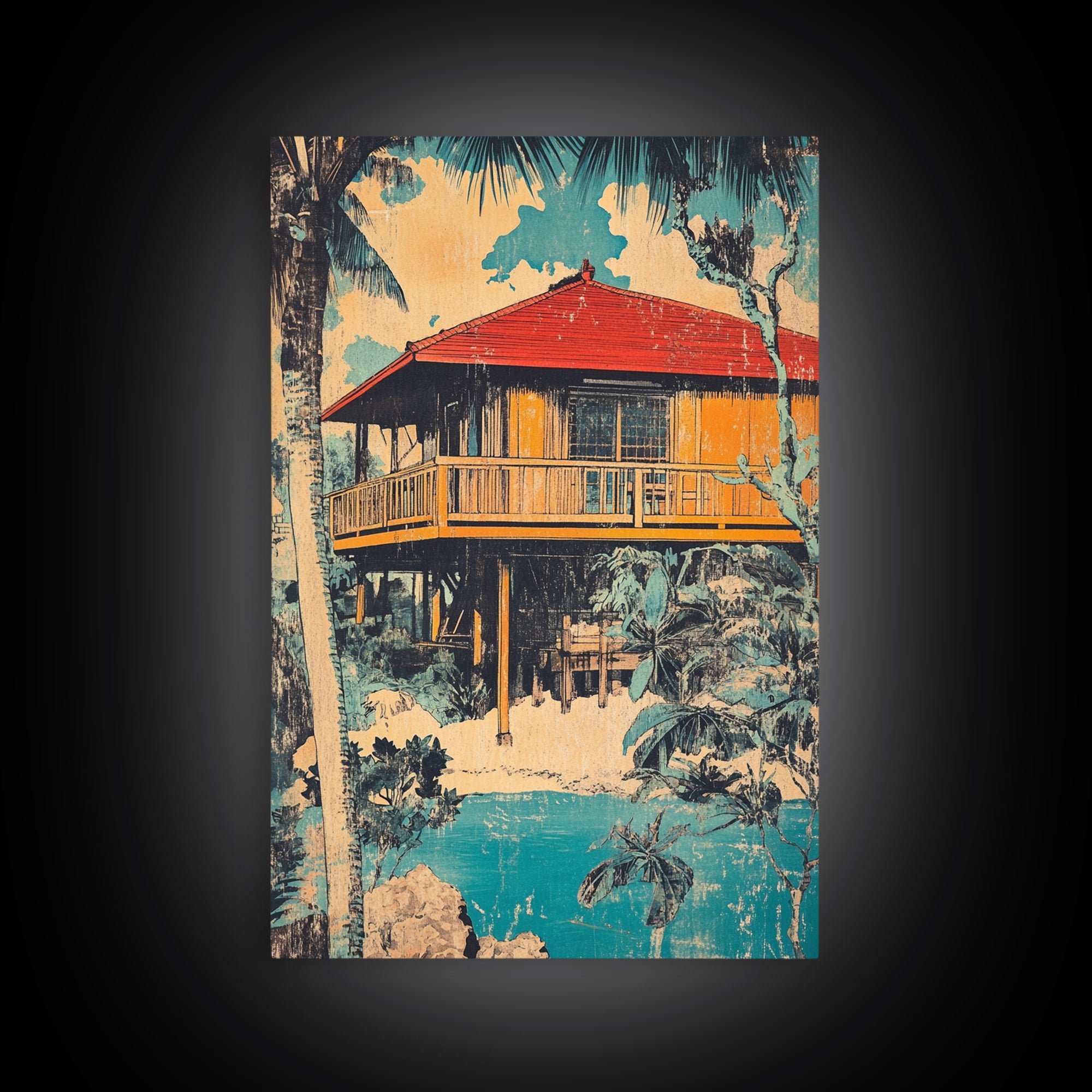 Tropical Stilt Beach House Canvas Print, Coastal Wall Art, Palm Tree Decor, Beach House Art, Summer Home Decor, Large Wall Art