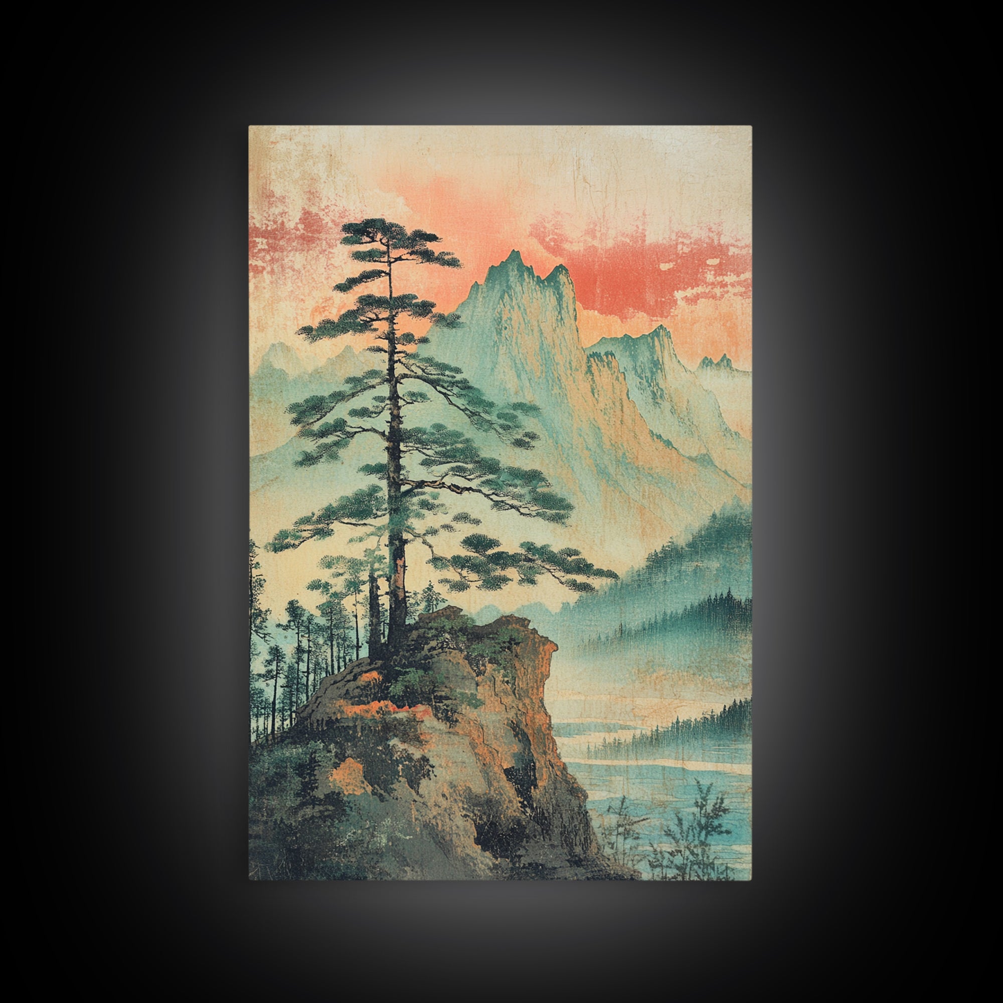 Misty Pine Cliff And Mountain Lake Wall Art, Japanese Landscape Print, Nature Wall Art, Serene Wall Art, Japandi Home Decor