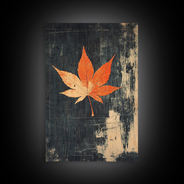 Orange Maple Leaf On Dark Texture Canvas Print, Autumn Wall Art, Botanical Print, Minimalist Decor, Nature Wall Art, Fall Decor