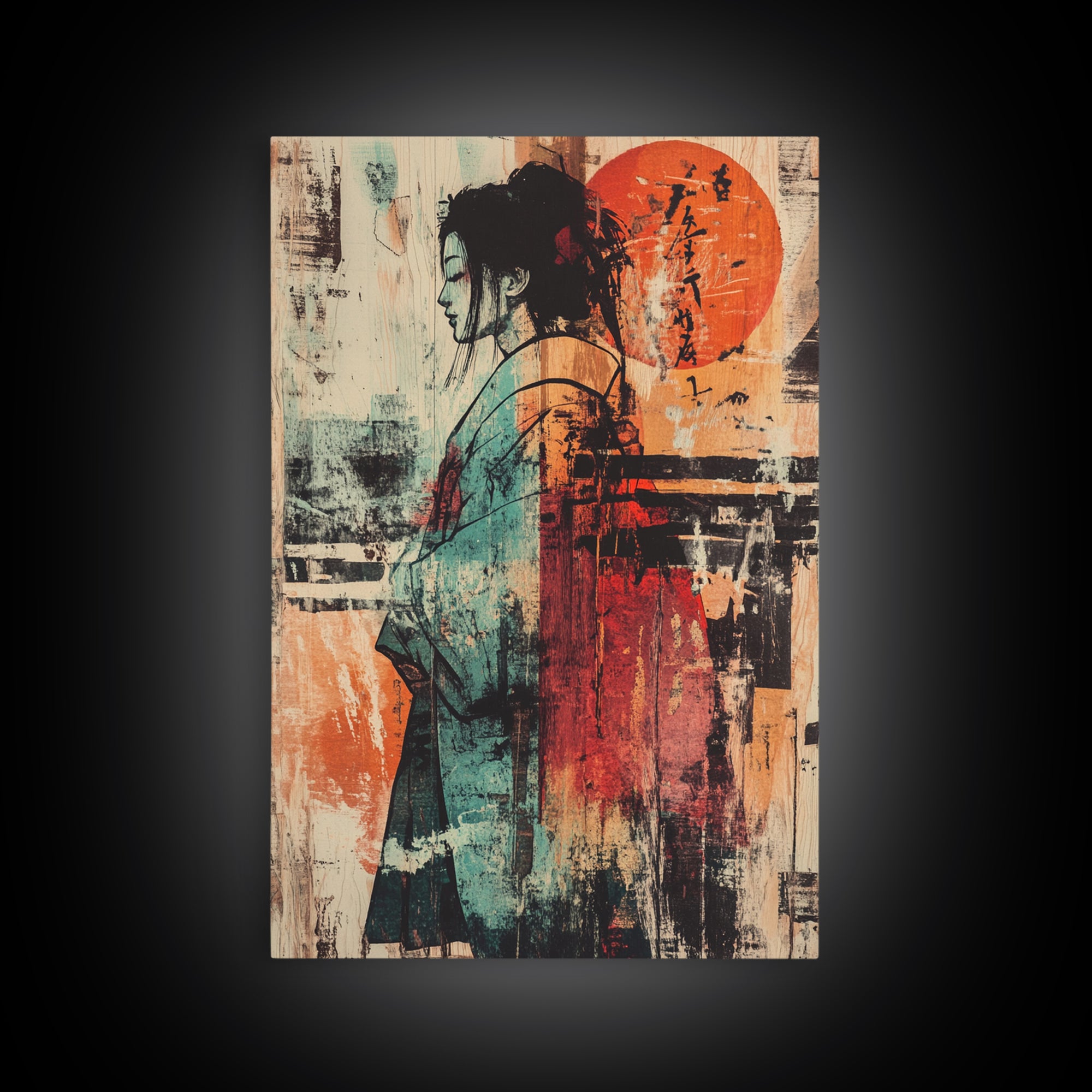 Abstract Kimono Woman With Red Sun Wall Art, Japanese Wall Art, Asian Inspired Decor, Feminine Wall Art, Modern Portrait Print