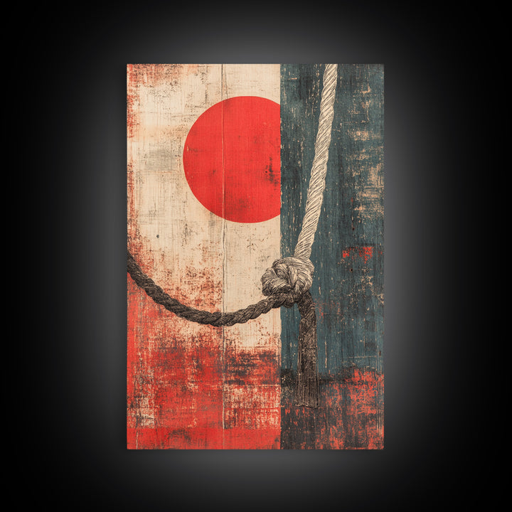 Nautical Rope Knot Wall Art, Red Sun Japanese Abstract Canvas Print, Coastal Decor, Masculine Office Wall Decor, Modern Home Decor