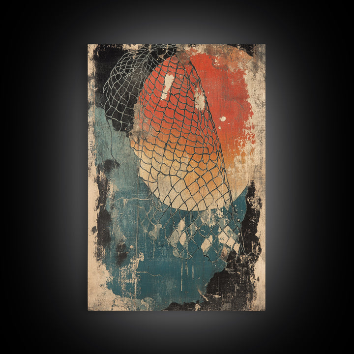 Fishing Net Abstract Wall Art, Red Sun Coastal Canvas Print, Nautical Wall Decor, Modern Rustic Home Decor, Beach House Decor