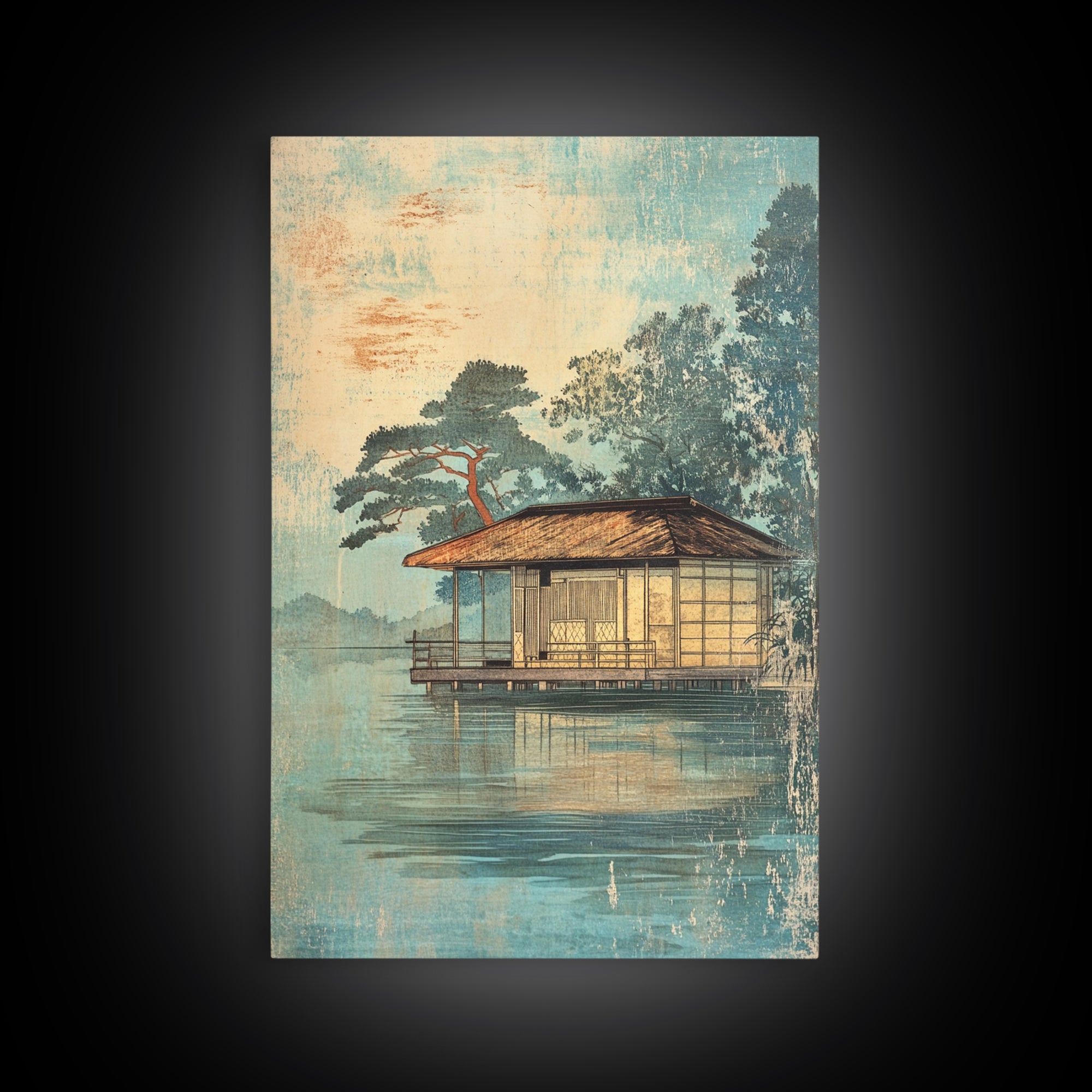 Misty Lakeside House Wall Art, Serene Japanese Landscape Canvas Print, Japandi Lake Decor, Neutral Living Room Art, Zen Home Decor