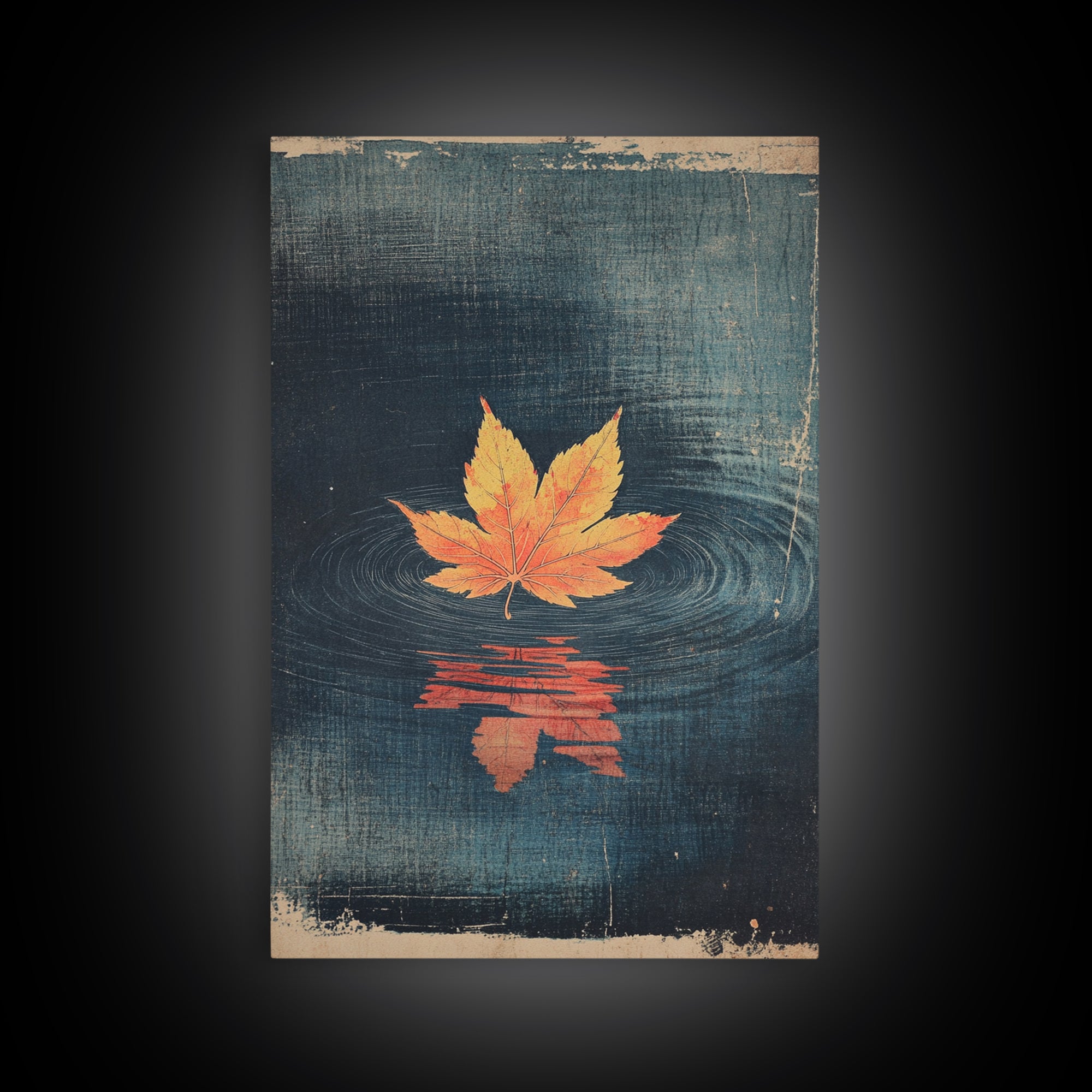 Floating Maple Leaf Wall Art, Dark Water Reflection Canvas Print, Japanese Autumn Decor, Minimalist Nature Art, Japandi Wall Decor